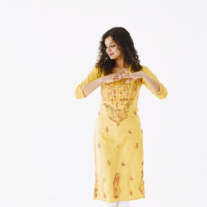 yellow embroidered cotton kurti for women