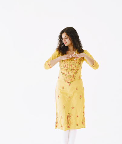 yellow embroidered cotton kurti for women