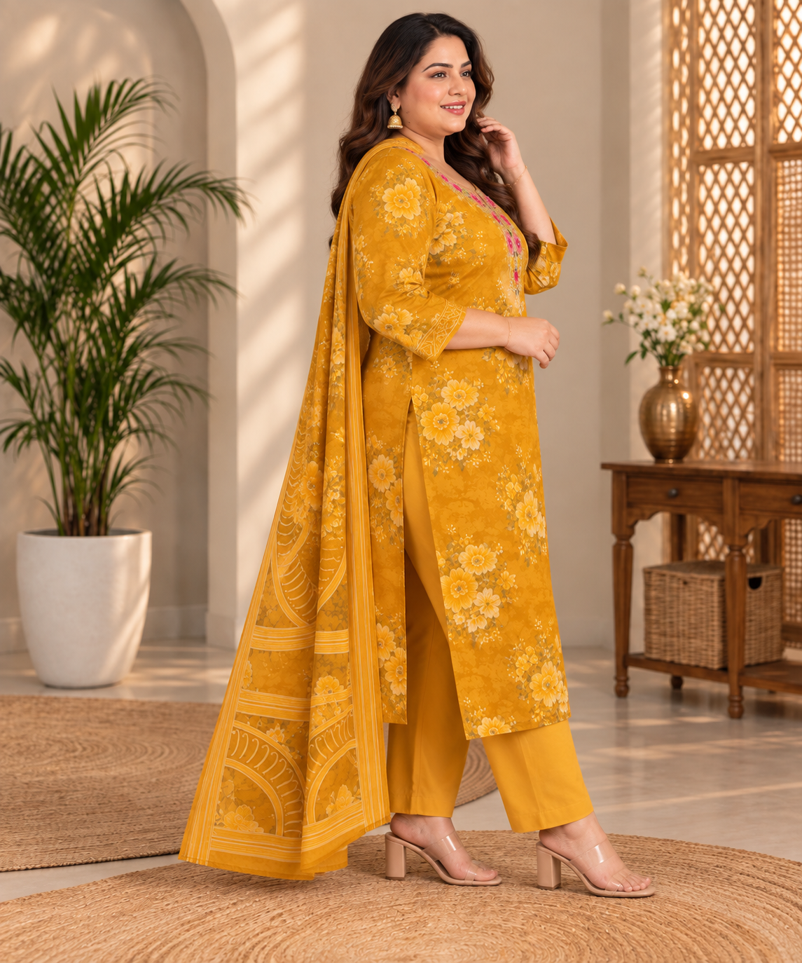 Mustard yellow Plus Size Kurta Pant & Dupatta Suit Set - Image 2