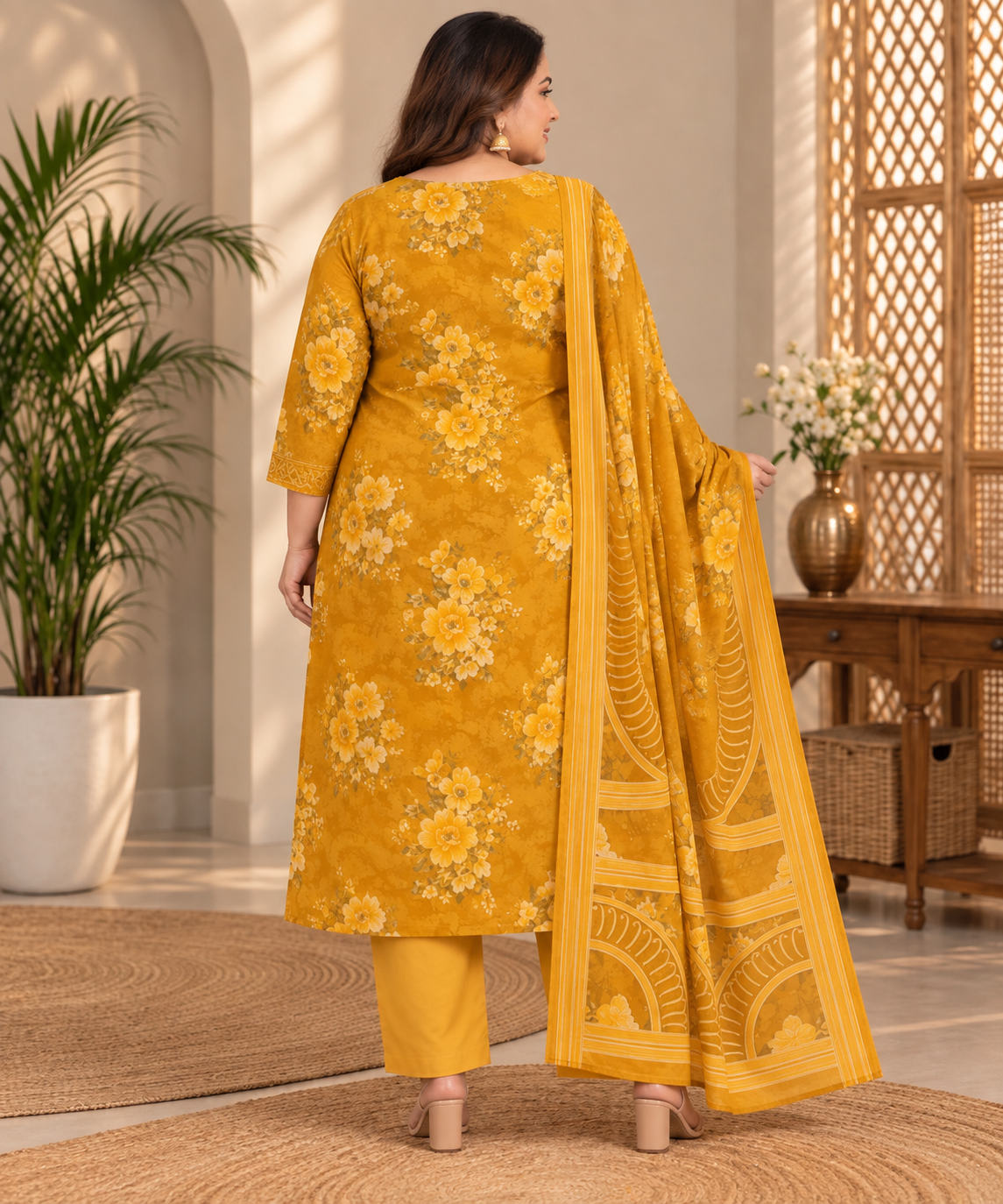 Mustard yellow Plus Size Kurta Pant & Dupatta Suit Set - Image 3