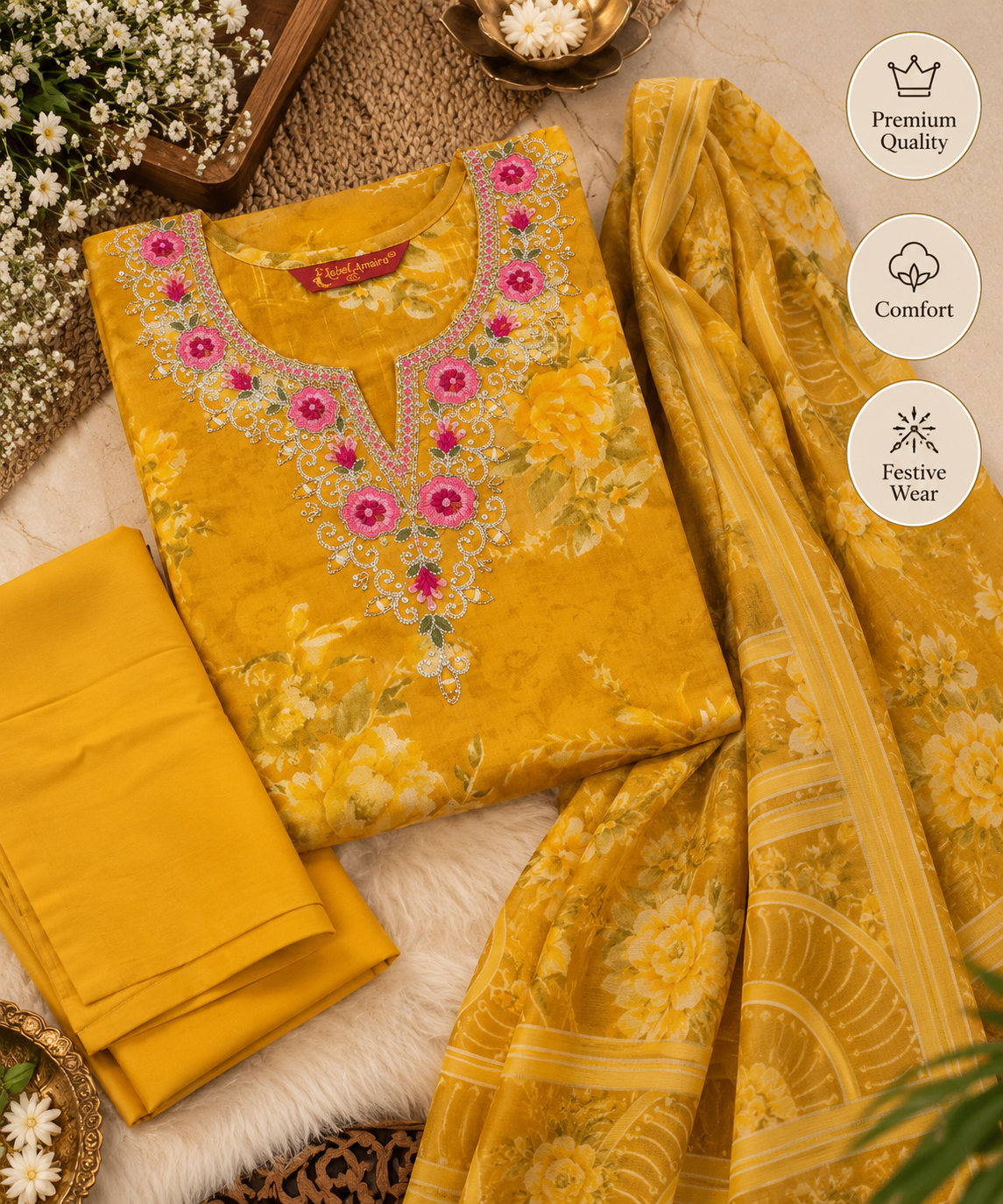 Mustard yellow Plus Size Kurta Pant & Dupatta Suit Set - Image 4