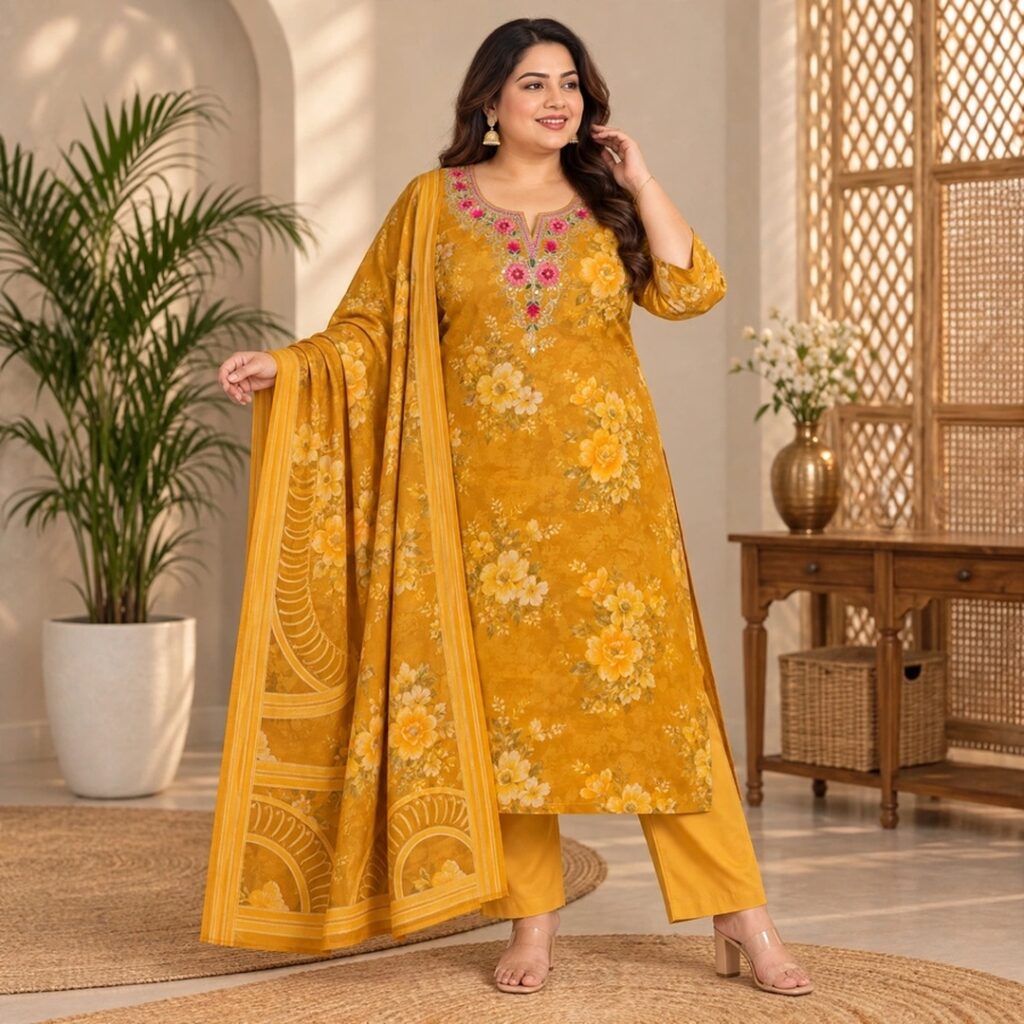 Mustard yellow Plus Size Kurta Pant & Dupatta Suit Set