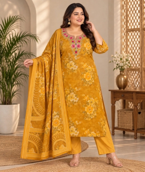 Mustard yellow Plus Size Kurta Pant & Dupatta Suit Set