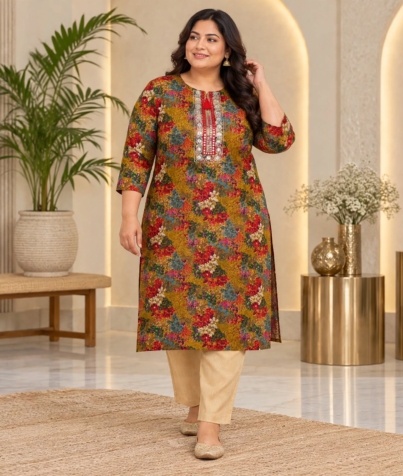 Front View of Multicolor Floral Printed Cotton Blend Plus Size Kurti Front
